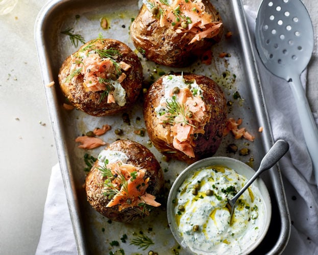 Baked potatoes with smoked salmon and soured cream