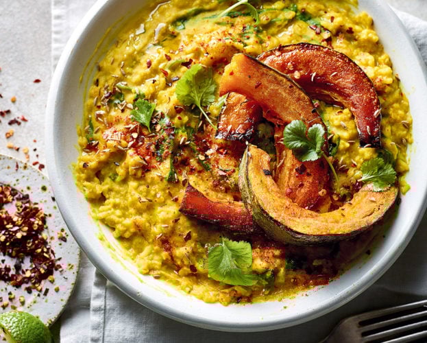 Spiced rice and lentils with roast squash