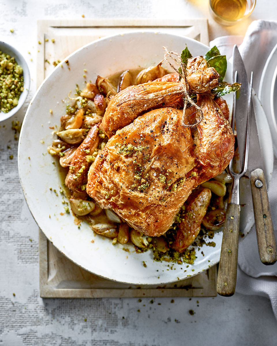 Roast chicken with garlic, sherry and almond delicious. magazine