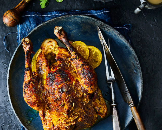 Whole baked chicken with North African spices