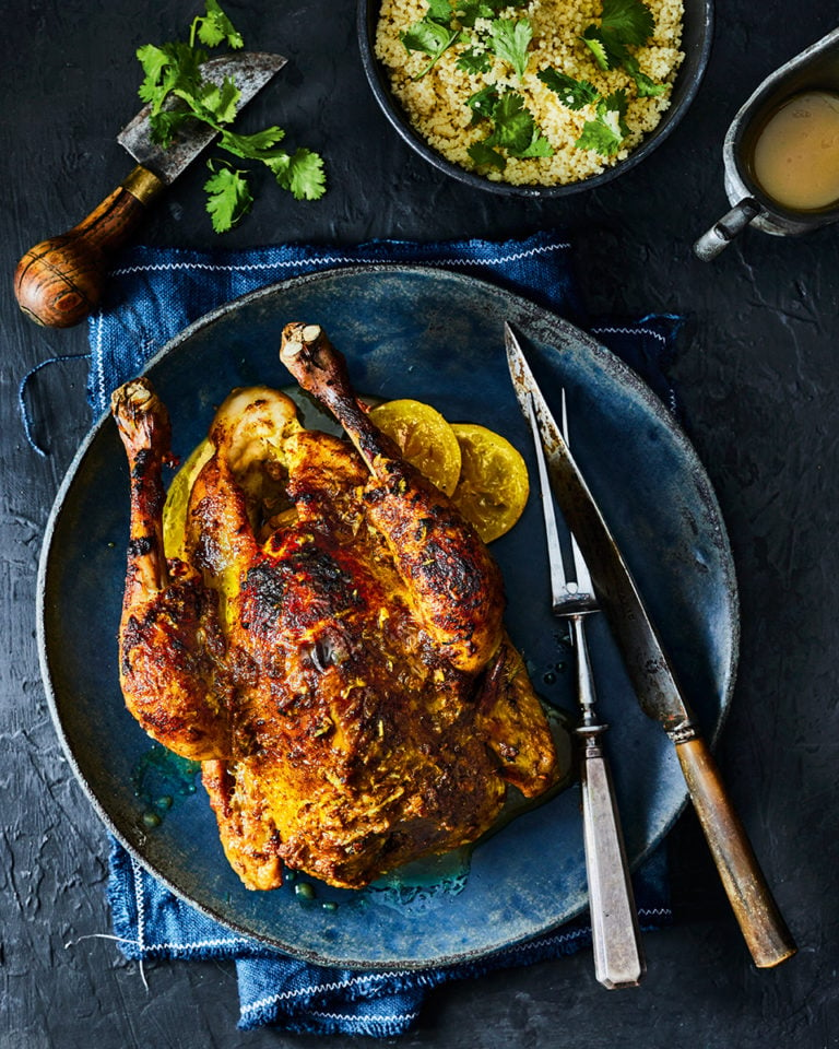 Whole baked chicken with North African spices
