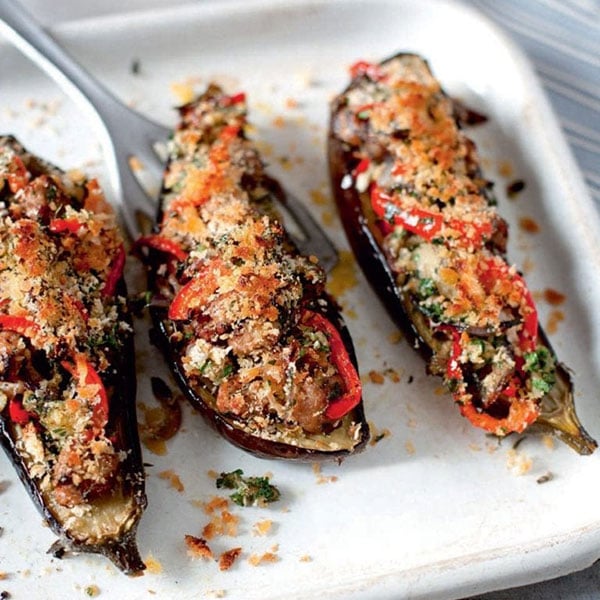 Sausage stuffed aubergine