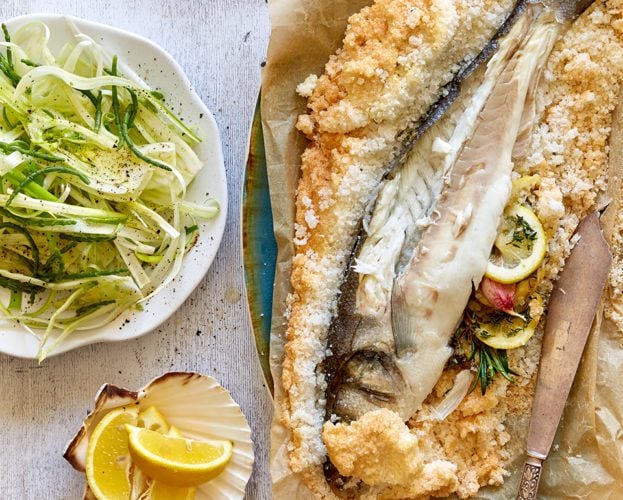 Salt baked sea bass with rosemary and thyme