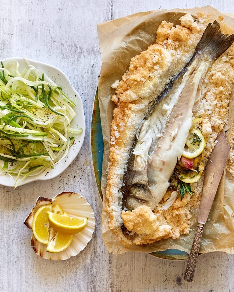 Salt baked sea bass with rosemary and thyme