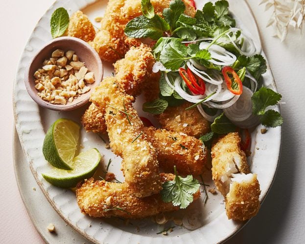 Peanut and lime fish goujons with Thai-style salad