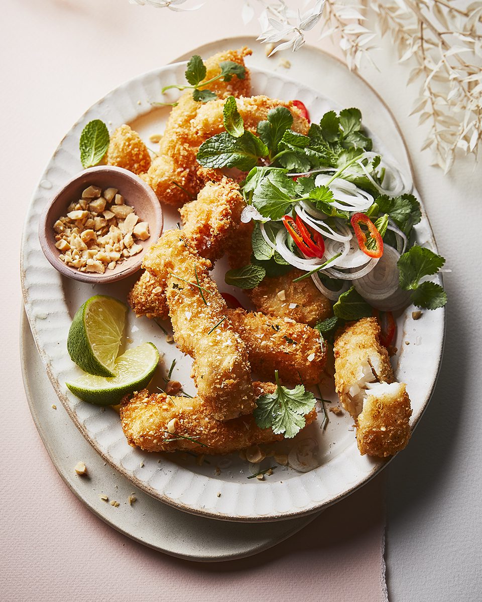 Peanut and lime fish goujons with Thaistyle salad delicious. magazine