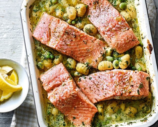 Salmon with gnocchi, peas and broad beans