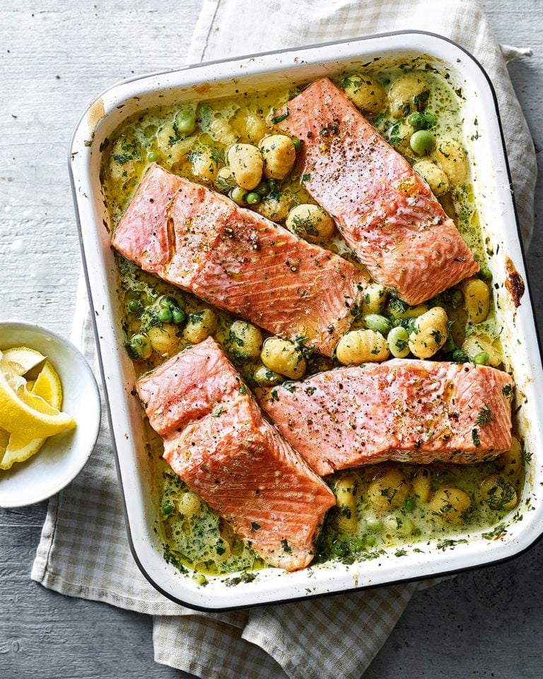 Salmon with gnocchi, peas and broad beans