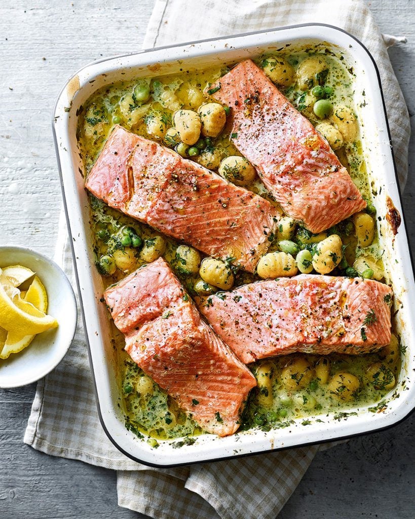Salmon with gnocchi, peas and broad beans