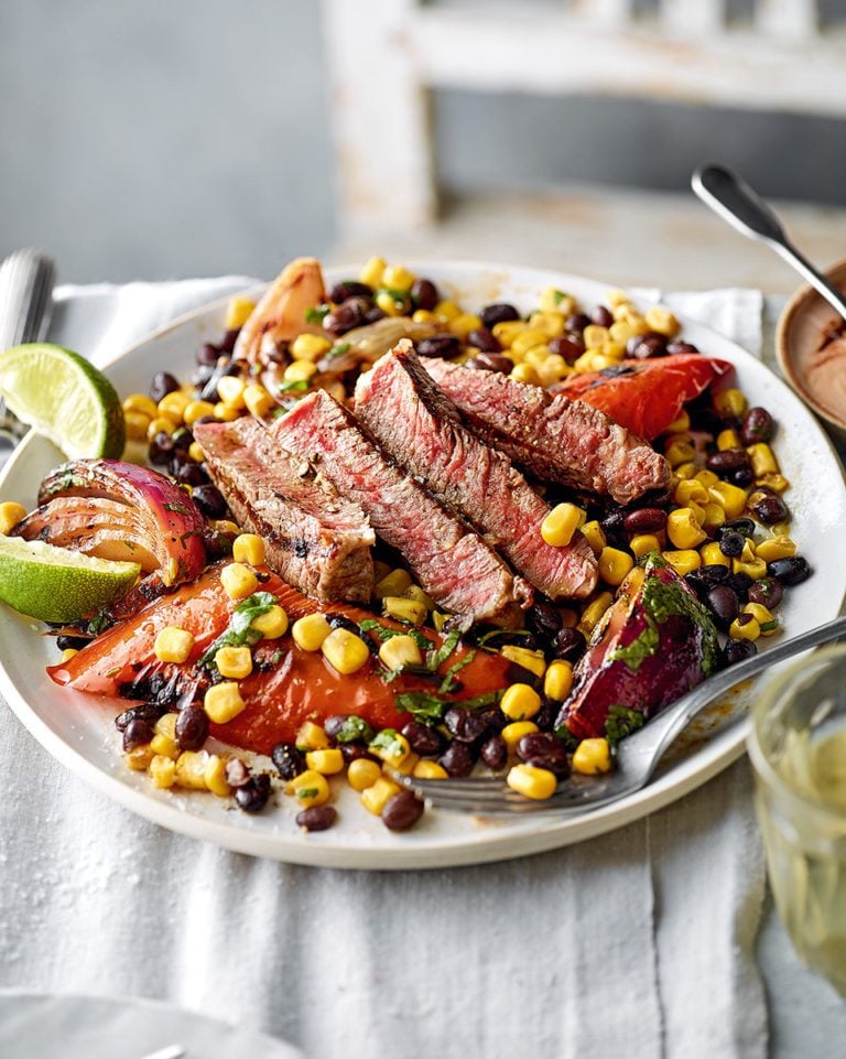 Steak with charred veg and chipotle yogurt