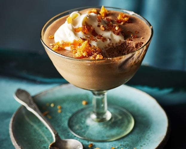 Chilled chocolate soufflés with salted almond praline
