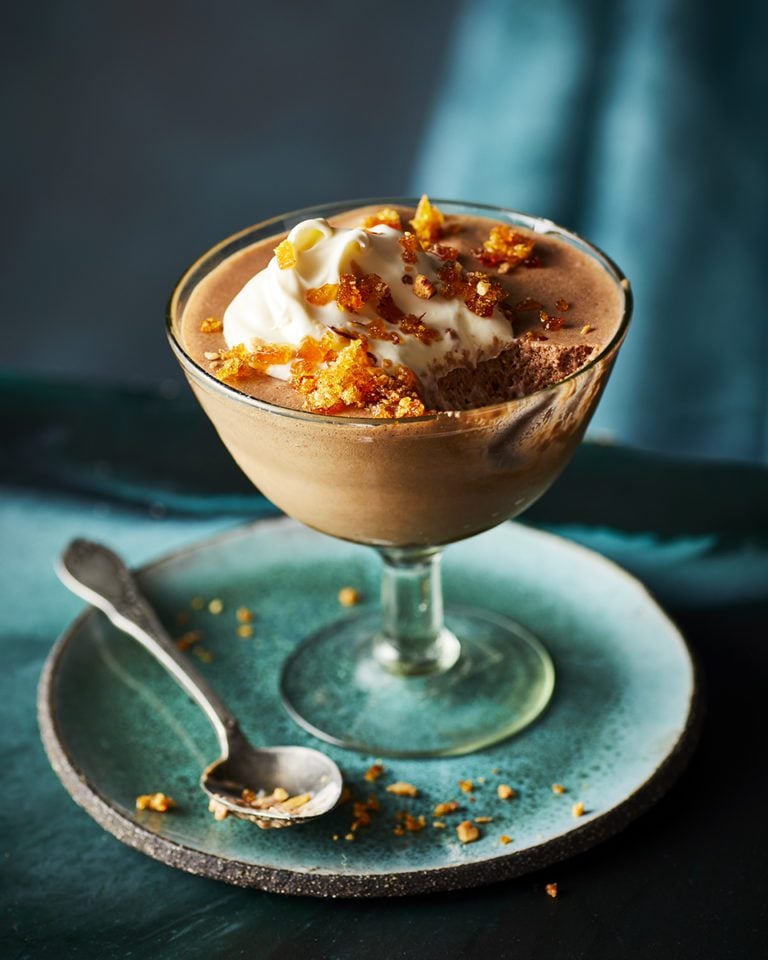 Chilled chocolate soufflés with salted almond praline