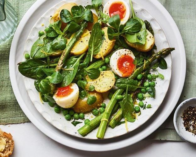 Lemony roasted asparagus, new potato and pea salad