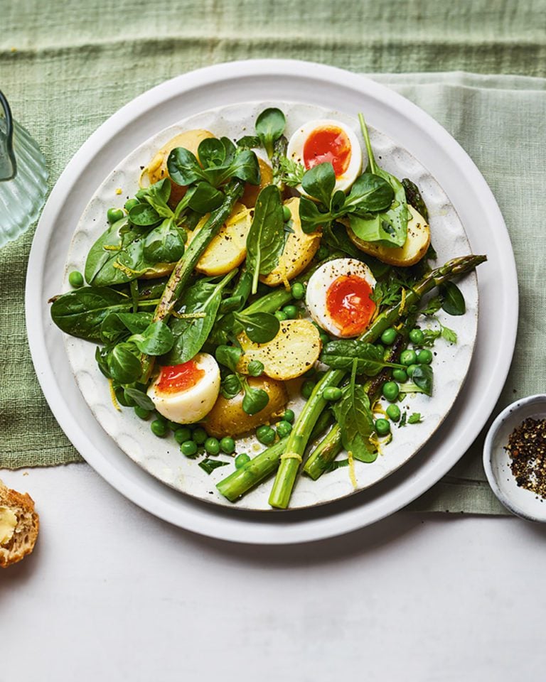 Lemony roasted asparagus, new potato and pea salad