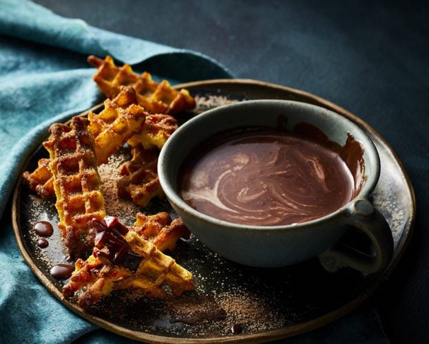 Chai hot chocolate with spiced waffle dippers