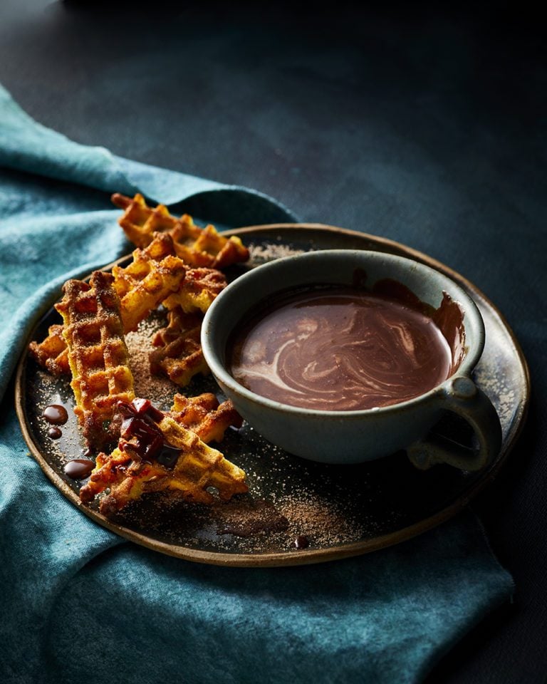 Chai hot chocolate with spiced waffle dippers