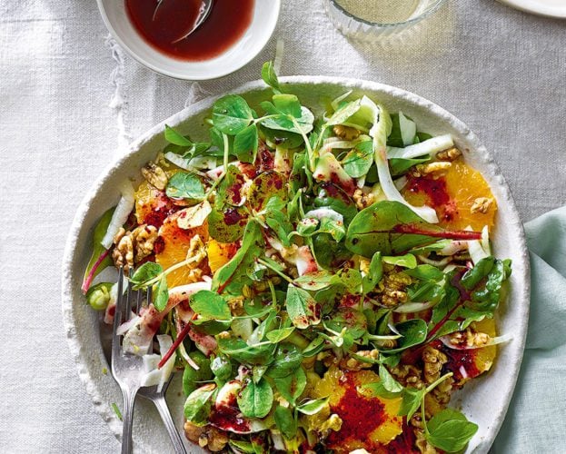 Orange, fennel and pea shoot salad with walnuts
