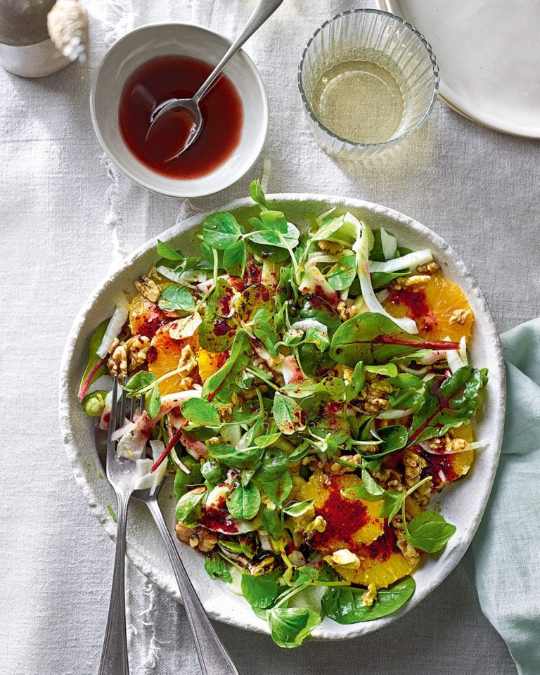 Orange, fennel and pea shoot salad with walnuts
