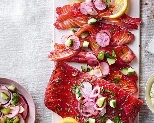 Beetroot cured salmon fillet