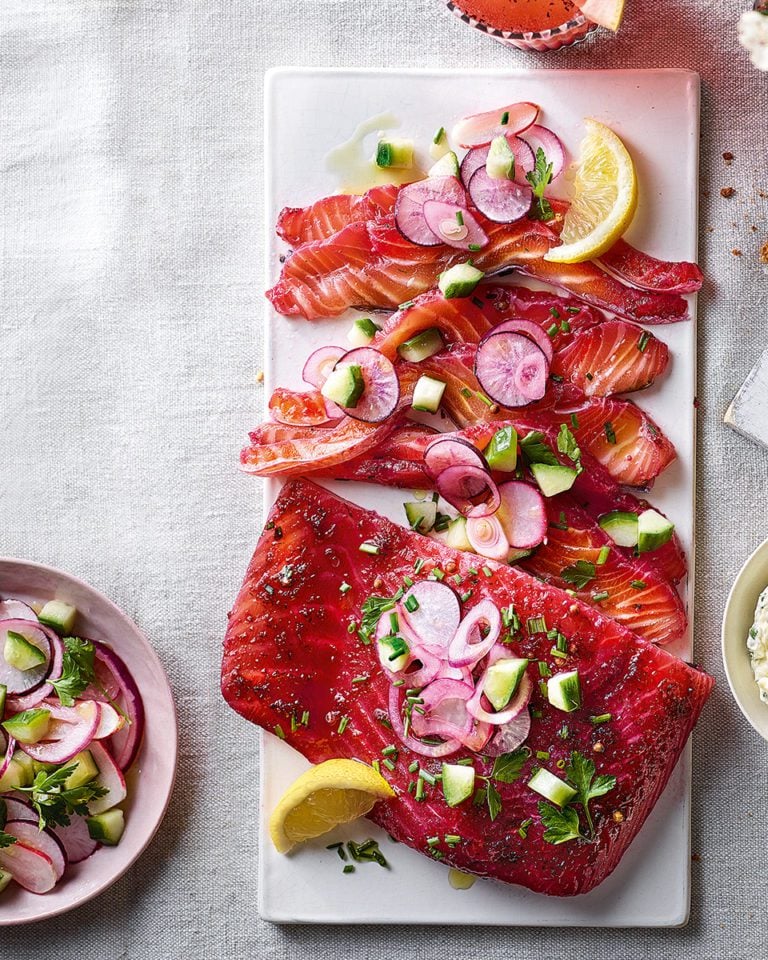 Beetroot cured salmon fillet