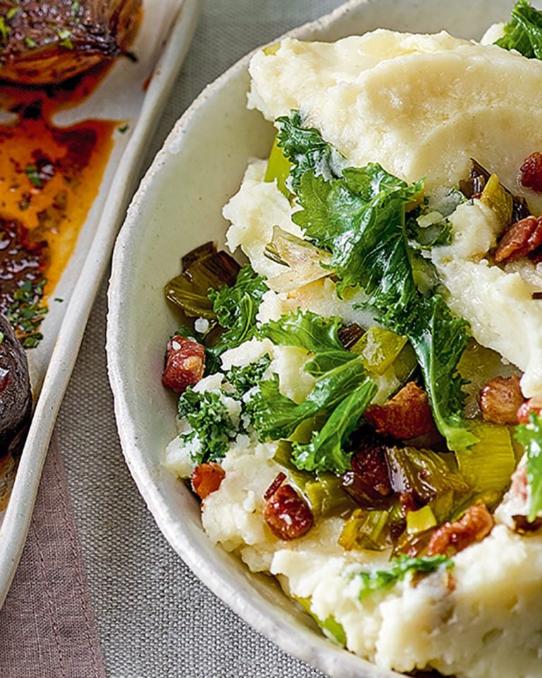 Mashed potatoes with greens and bacon