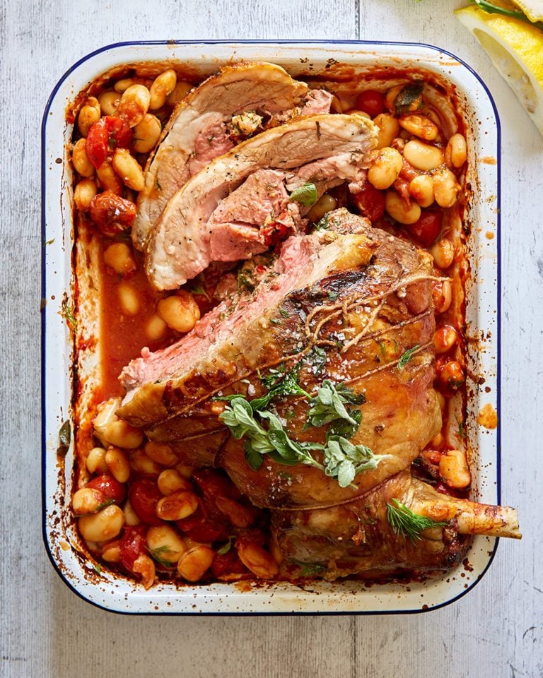 Stuffed lamb leg with Greek beans