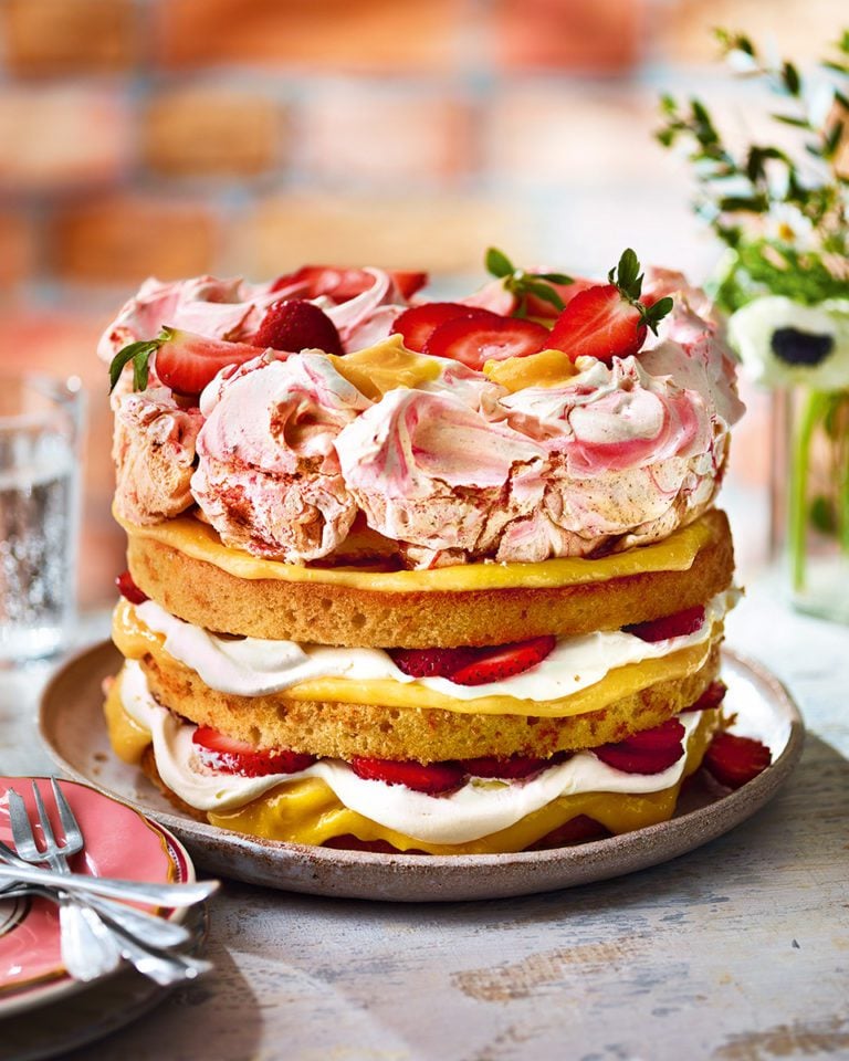 Lemon and strawberry meringue cake