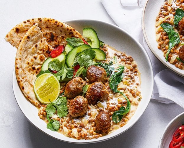Lamb meatballs and curried lentils