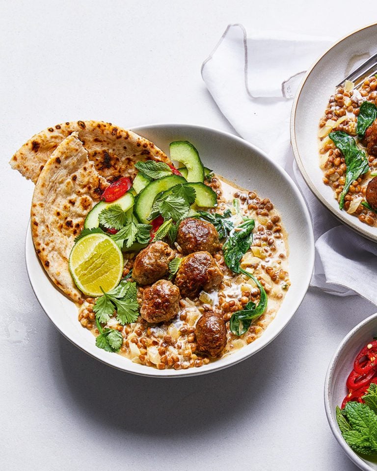 Lamb meatballs and curried lentils