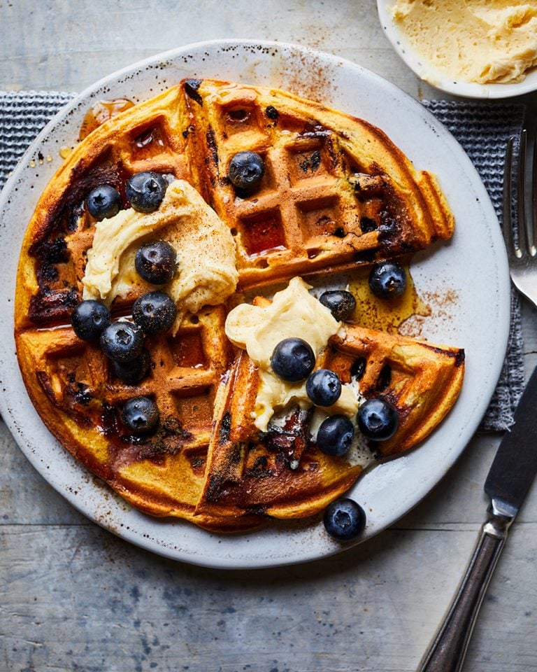 Blueberry waffles with maple butter