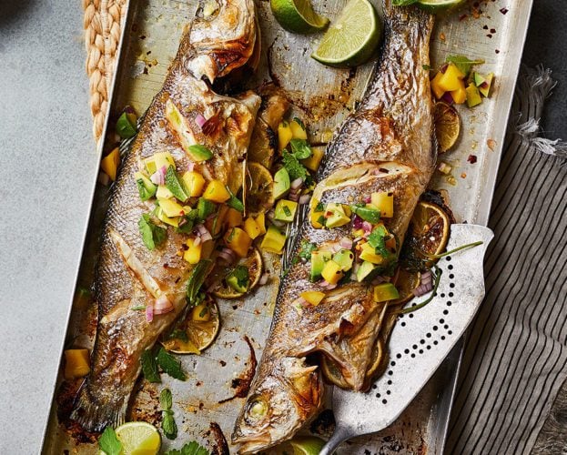 Whole sea bass with mango salsa