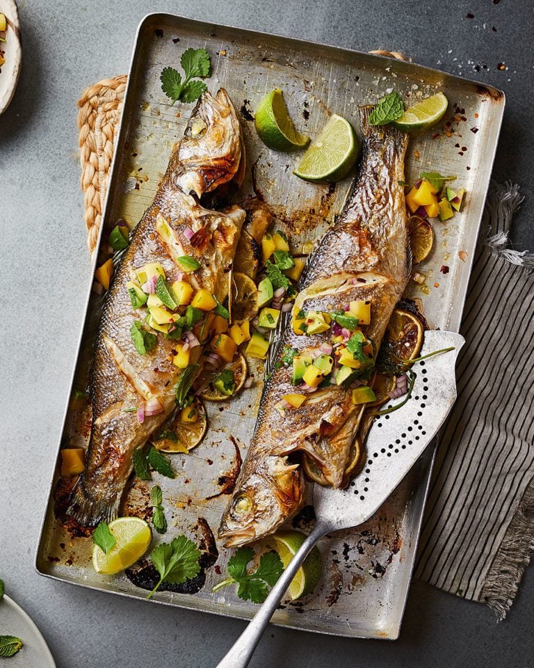 Whole sea bass with mango salsa