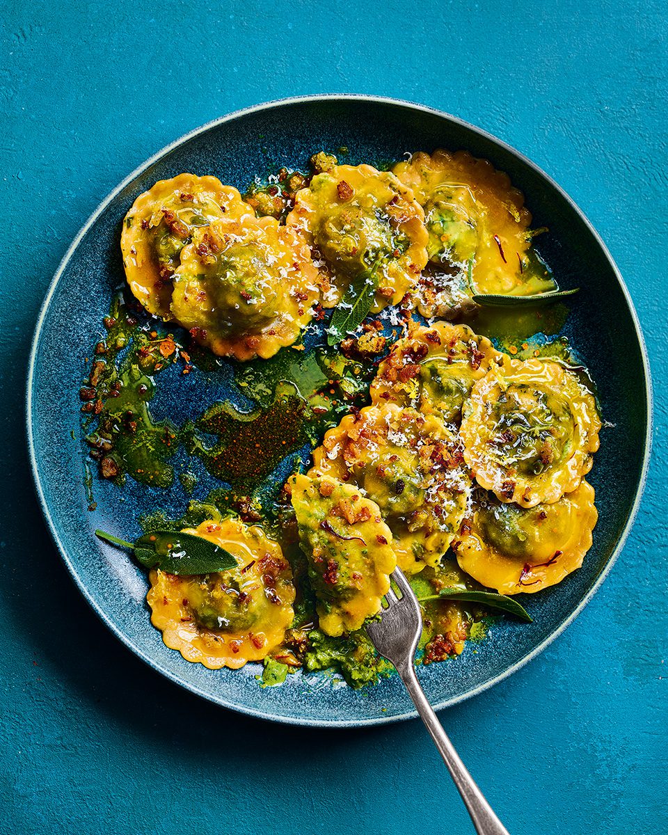 Crab and ricotta ravioli with sage and saffron butter sauce