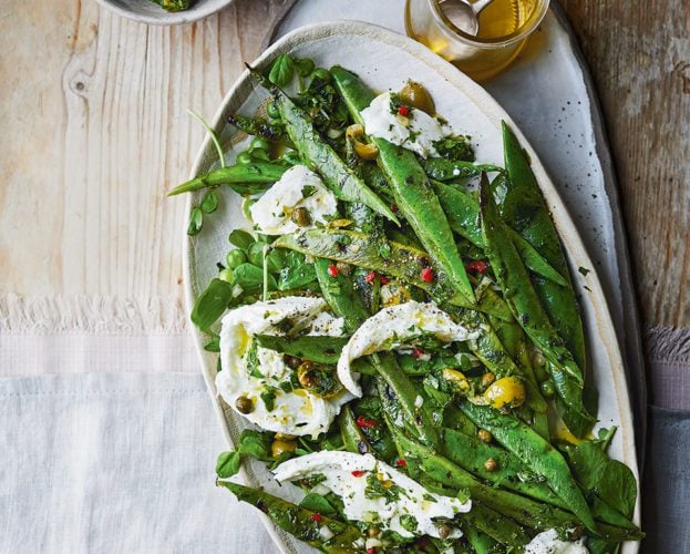 Charred runner bean salad with mozzarella and salsa verde