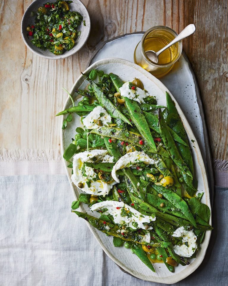 Charred runner bean salad with mozzarella and salsa verde