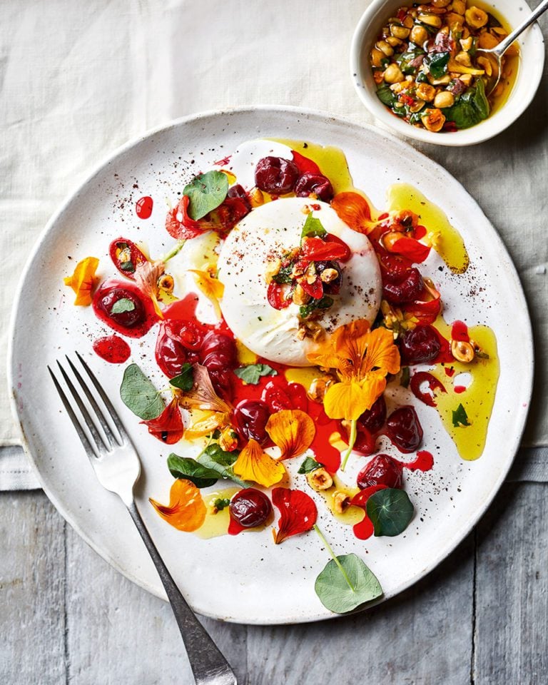 Burrata with pickled cherries and hazelnuts