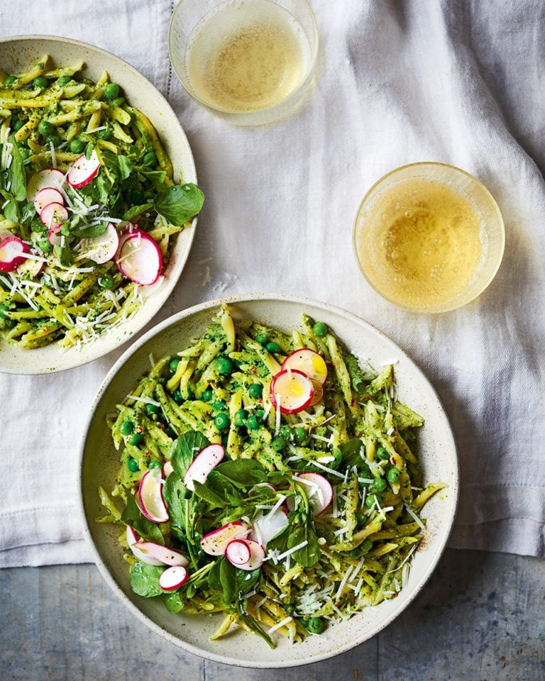 Pasta with watercress and radish pesto