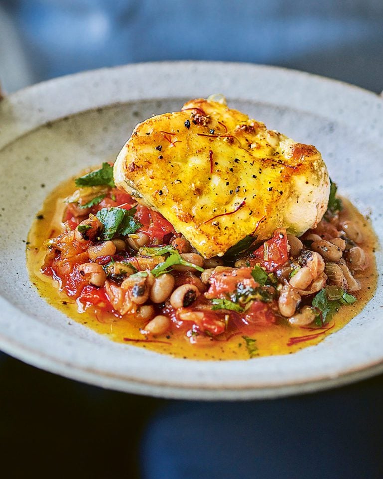 José Pizarro’s seared saffron monkfish with black-eyed beans