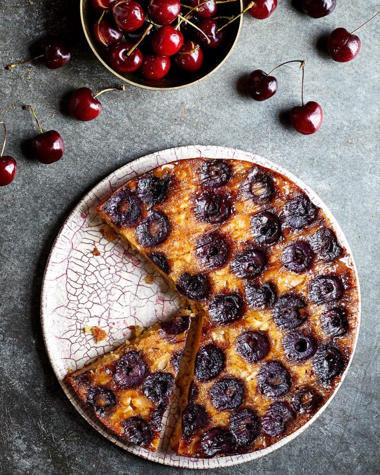 Chetna Makan’s cherry, almond and honey upside-down cake