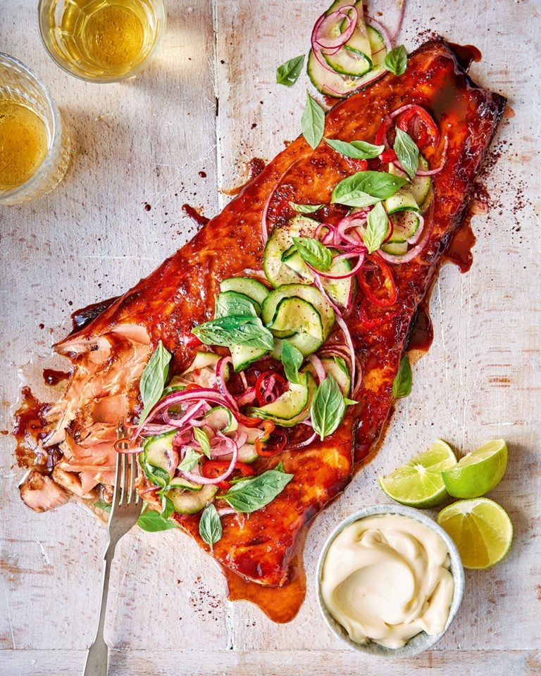 Glazed roast salmon with pickled cucumber salsa