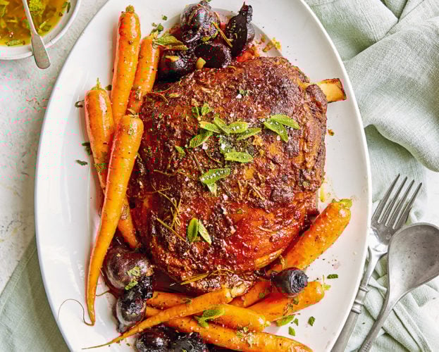 Zesty slow-cooked lamb shoulder with beetroot and carrots