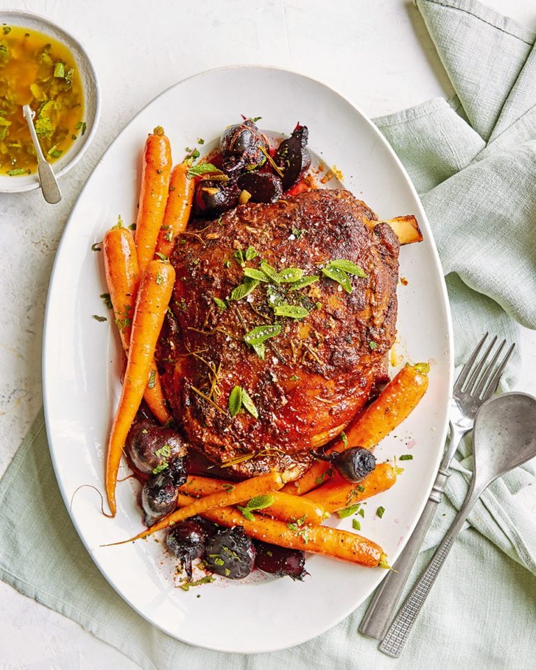 Zesty slow-cooked lamb shoulder with beetroot and carrots