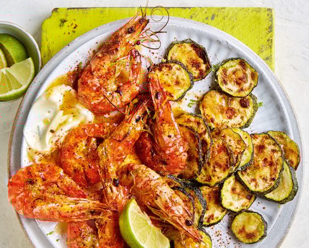 Chilli and lime tiger prawns with fried courgettes