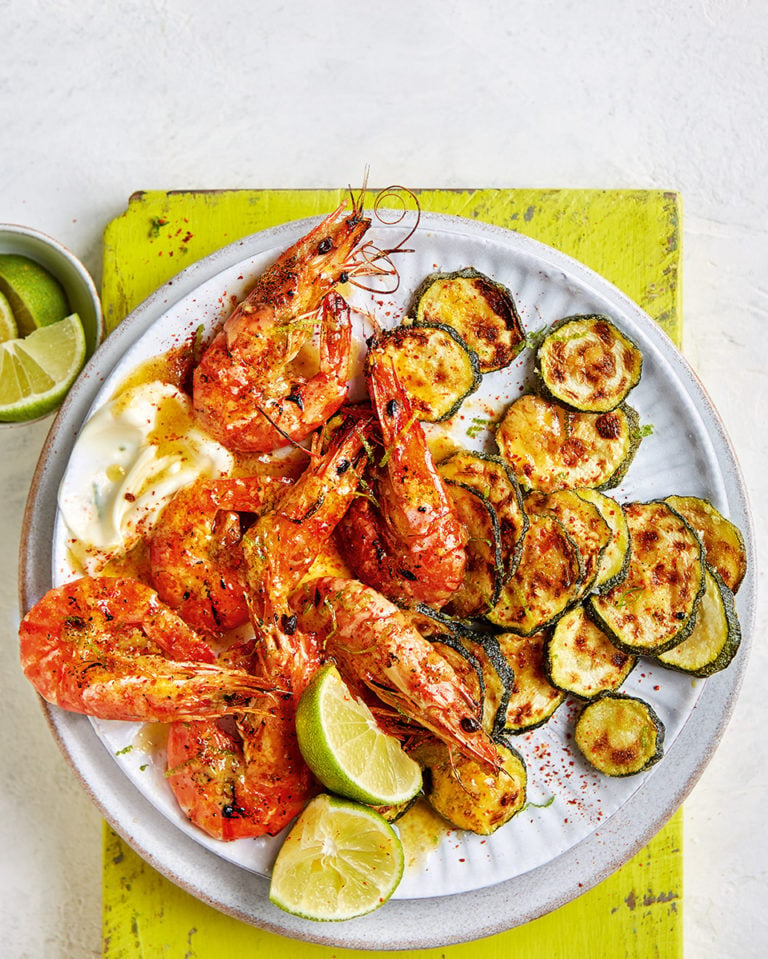 Chilli and lime tiger prawns with fried courgettes