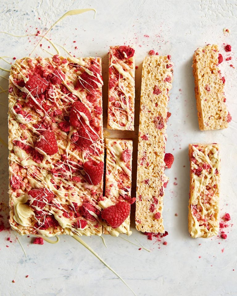 Raspberry and white chocolate Rice Krispie bars