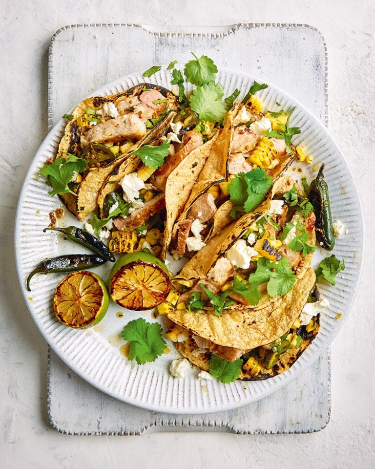 Pork tacos with sweetcorn and feta