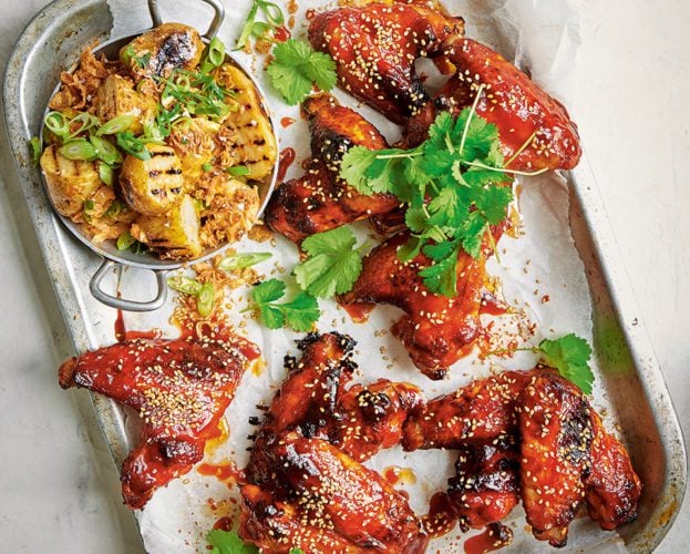 Korean-style barbecue chicken wings with charred potato salad