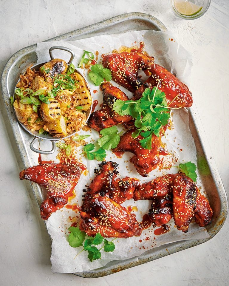 Korean-style barbecue chicken wings with charred potato salad