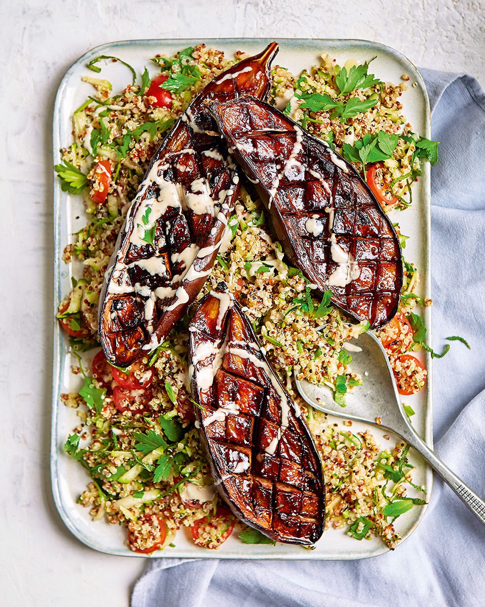 Pomegranateglazed aubergines and courgette tabbouleh