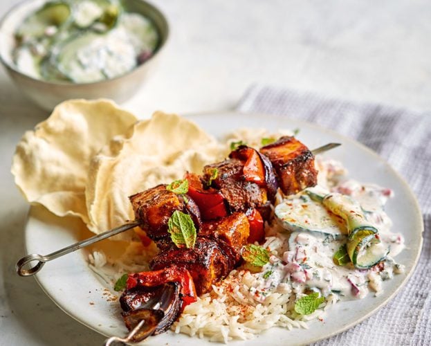 Tandoori paneer skewers with yogurt cucumber salad